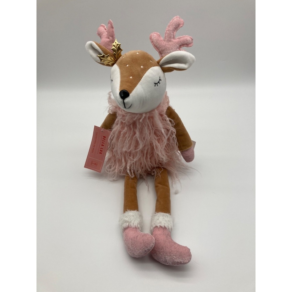 Bella Lux Plush Pink Reindeer Shelf Sitter Christmas Decor NWT Shaggy Boots 18"